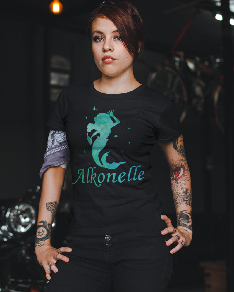 Alkonelle Damen T-Shirt – lustige Meerjungfrau mit Alkohol Flasche Aquarell