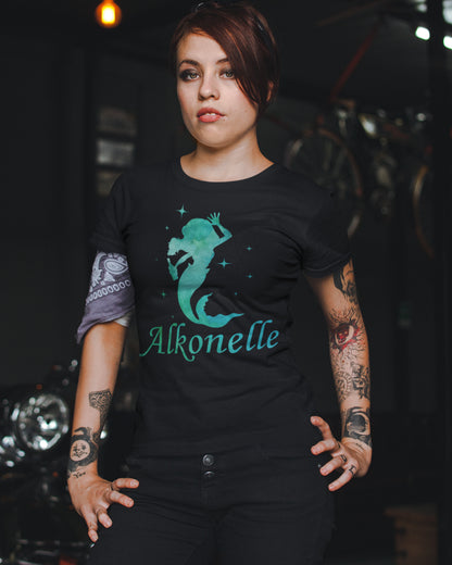 Alkonelle Damen T-Shirt – lustige Meerjungfrau mit Alkohol Flasche Aquarell