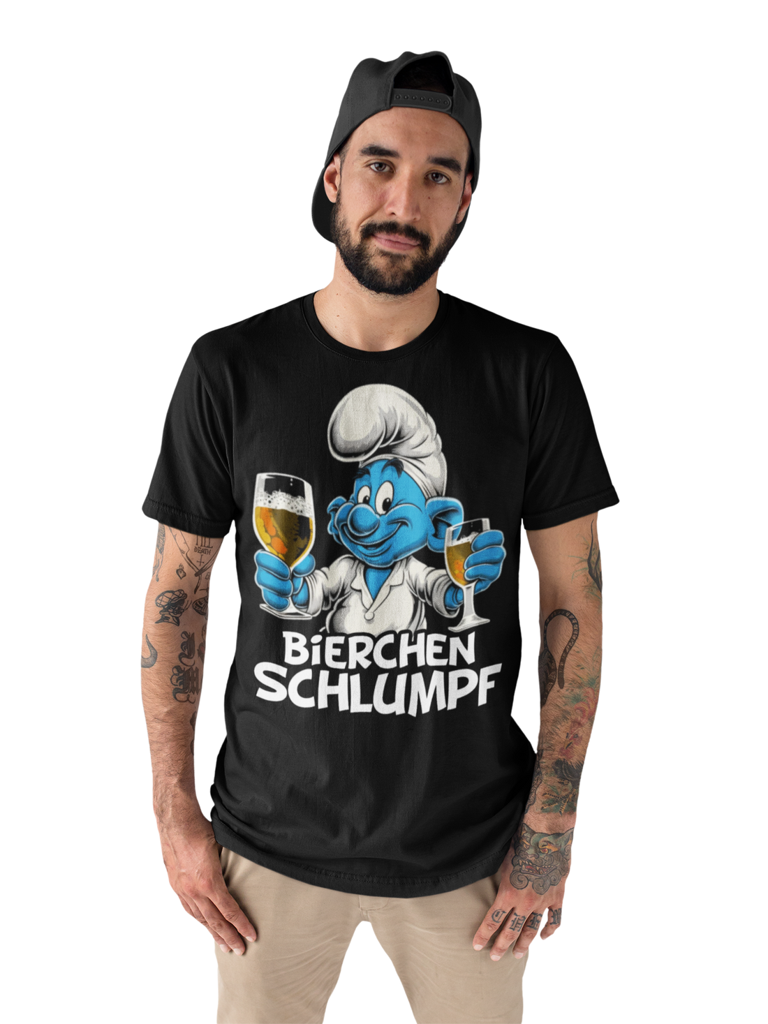 Bierchen Schlumpf Herren Shirt getragen von einem Mann