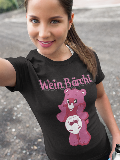 Brunette Frau mit Schwarzem Wein Bärchi Glücksbärchi Damenshirt mit Weingläßern