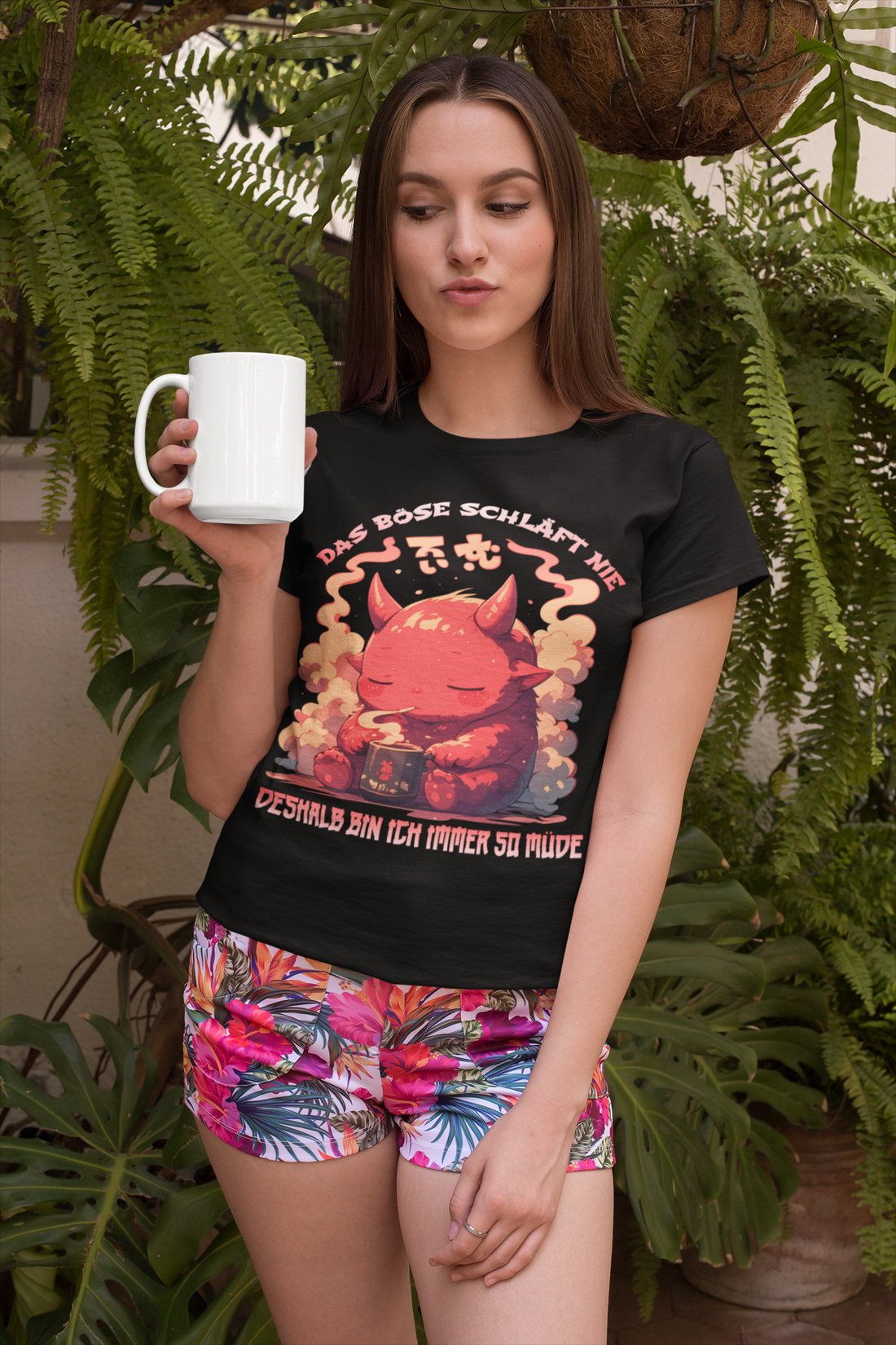 Das Böse schläft nie deshalb bin ich immer so müde Teufelchen mit Kaffee - Damen Premium Bio T-Shirt
