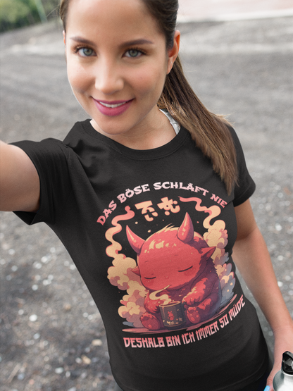 Das Böse schläft nie deshalb bin ich immer so müde Teufelchen mit Kaffee - Damen Premium Bio T-Shirt