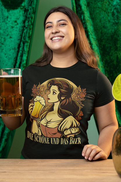 Die Schöne und das Bier Retro Grafik - Damen Premium Bio T-Shirt Farbe Schwarz