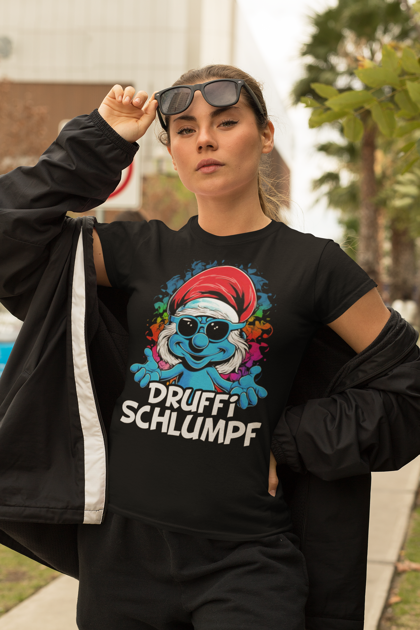 Druffi Schlumpf - Damen Premium Bio T-Shirt | Lustiges Alkohol Party Shirt für Erwachsene