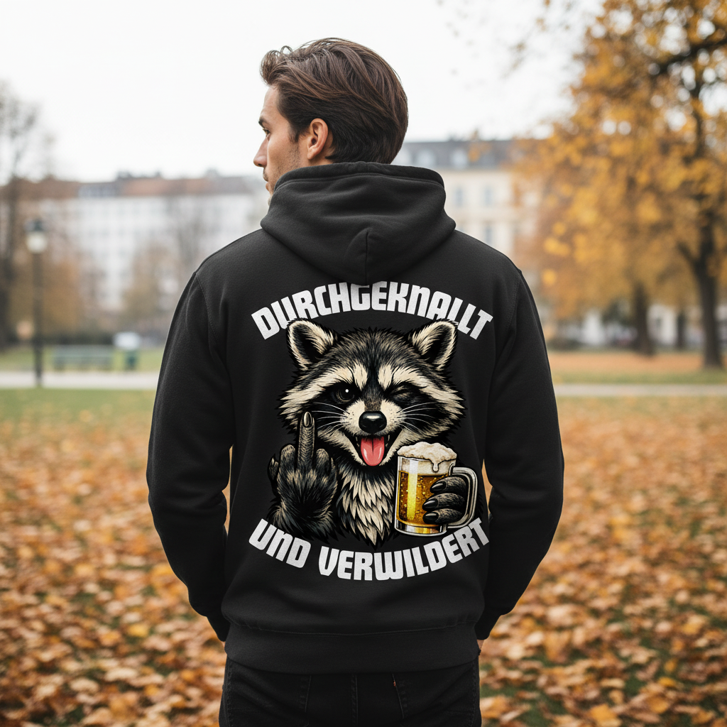 Durchgeknallt und verwildert Bier Mittelfinger Waschbär - Herren Hoodie