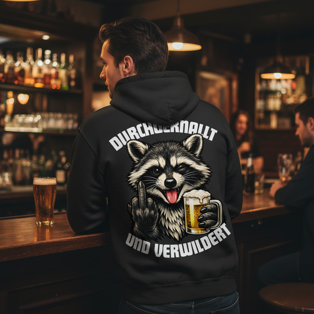 Durchgeknallt und verwildert Bier Mittelfinger Waschbär - Herren Hoodie