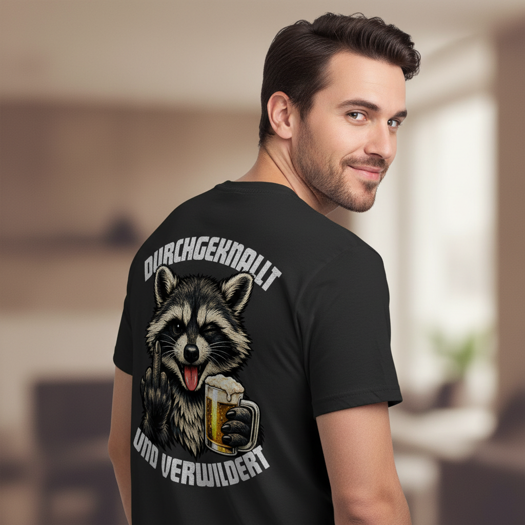 Durchgeknallt und verwildert Bier Mittelfinger Waschbär - Herren T-Shirt