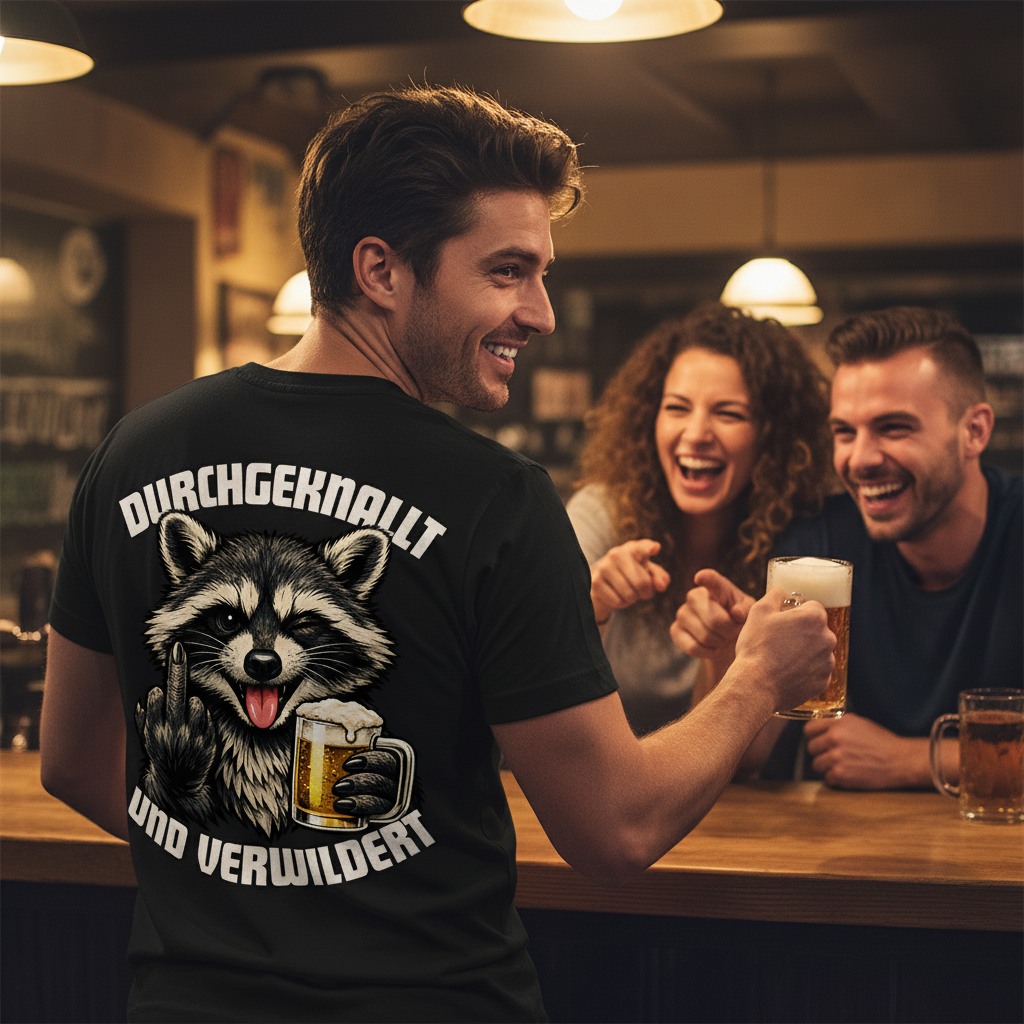 Durchgeknallt und verwildert Bier Mittelfinger Waschbär - Herren V-Neck T-Shirt