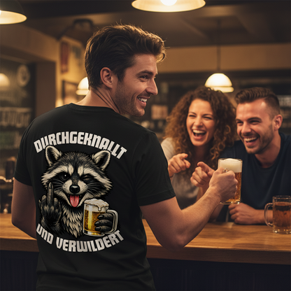 Durchgeknallt und verwildert Bier Mittelfinger Waschbär - Herren V-Neck T-Shirt