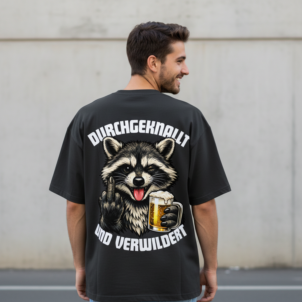Durchgeknallt und verwildert Bier Mittelfinger Waschbär - Jack and Jones Oversize T-Shirt