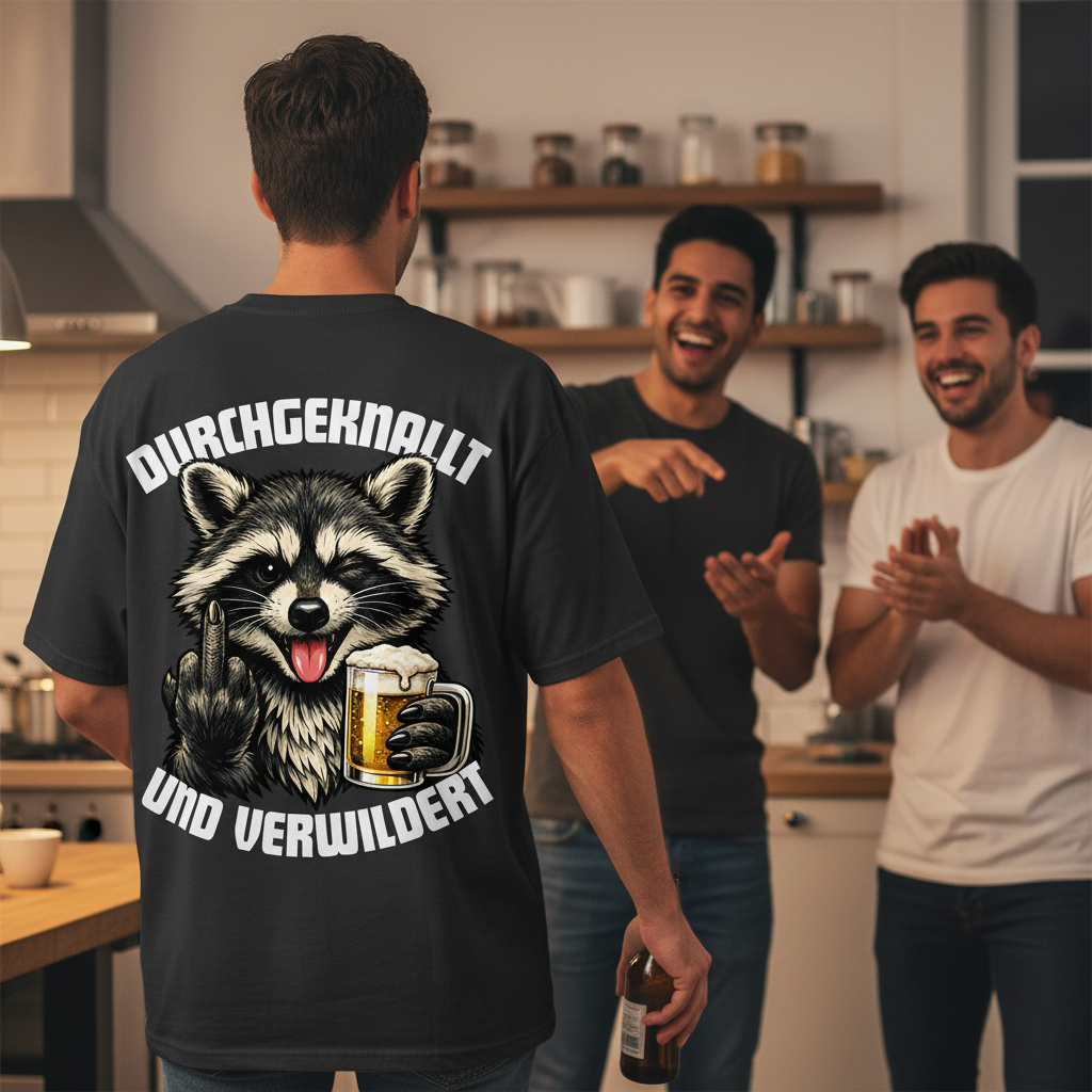 Durchgeknallt und verwildert Bier Mittelfinger Waschbär - Jack and Jones Oversize T-Shirt