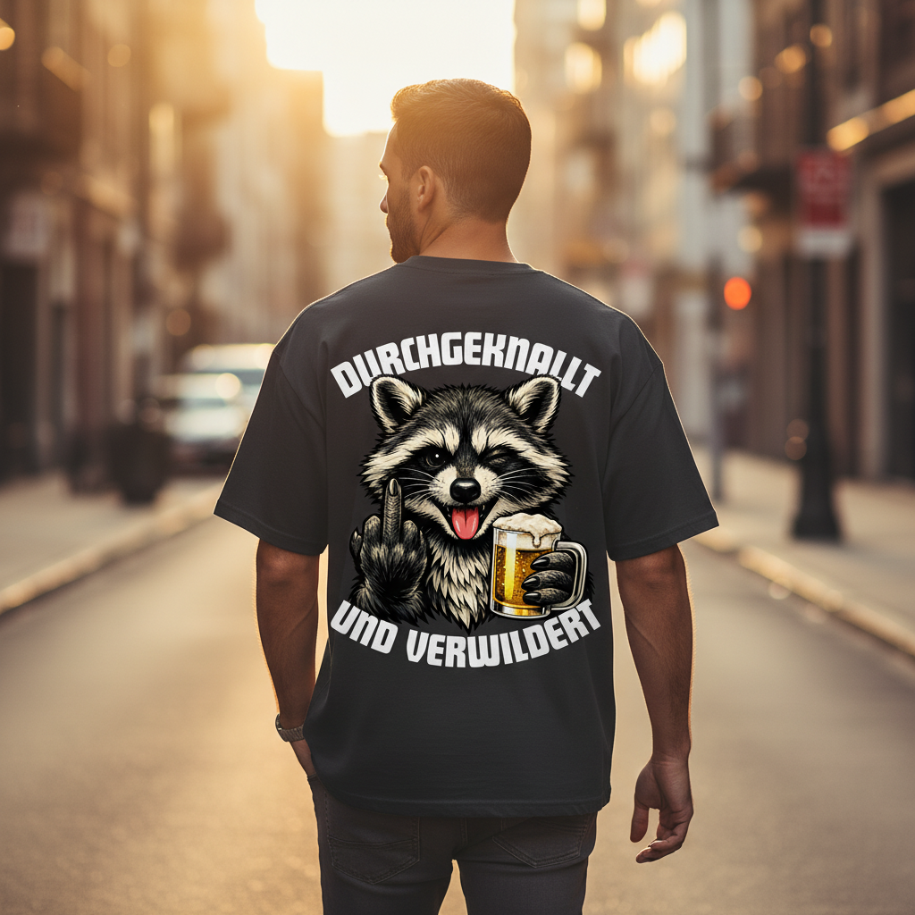 Durchgeknallt und verwildert Bier Mittelfinger Waschbär - Jack and Jones Oversize T-Shirt