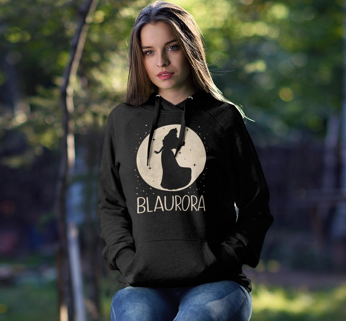 Eine Frau mit Blaurora Mond Prinzessin Damen Hoodie
