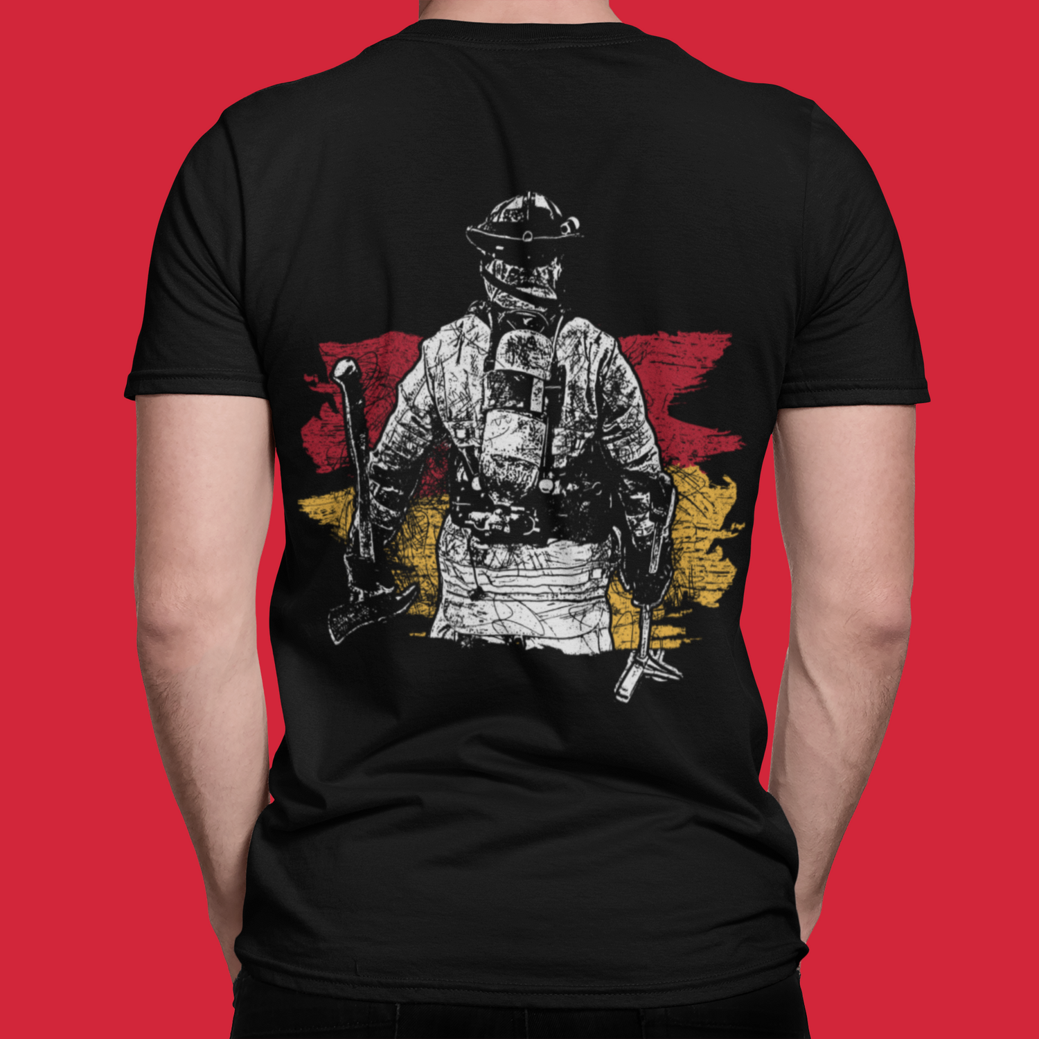 Feuerwehr T-Shirt Herren – Silhouette mit Deutschlandflagge und Ausrüstung