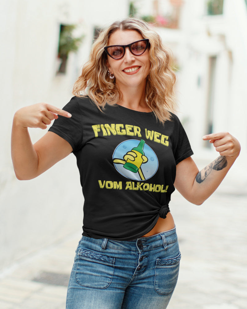 Lustiges Damen T-Shirt Finger weg vom Alkohol Hand Bottle Design Premium Bio