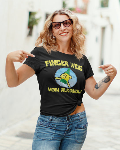 Lustiges Damen T-Shirt Finger weg vom Alkohol Hand Bottle Design Premium Bio