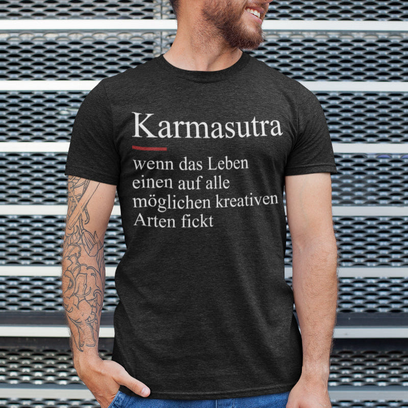 Herren T-Shirt Karmasutra Karma Parodie Shirt Sarkastisch Schwarzer Humor Männer