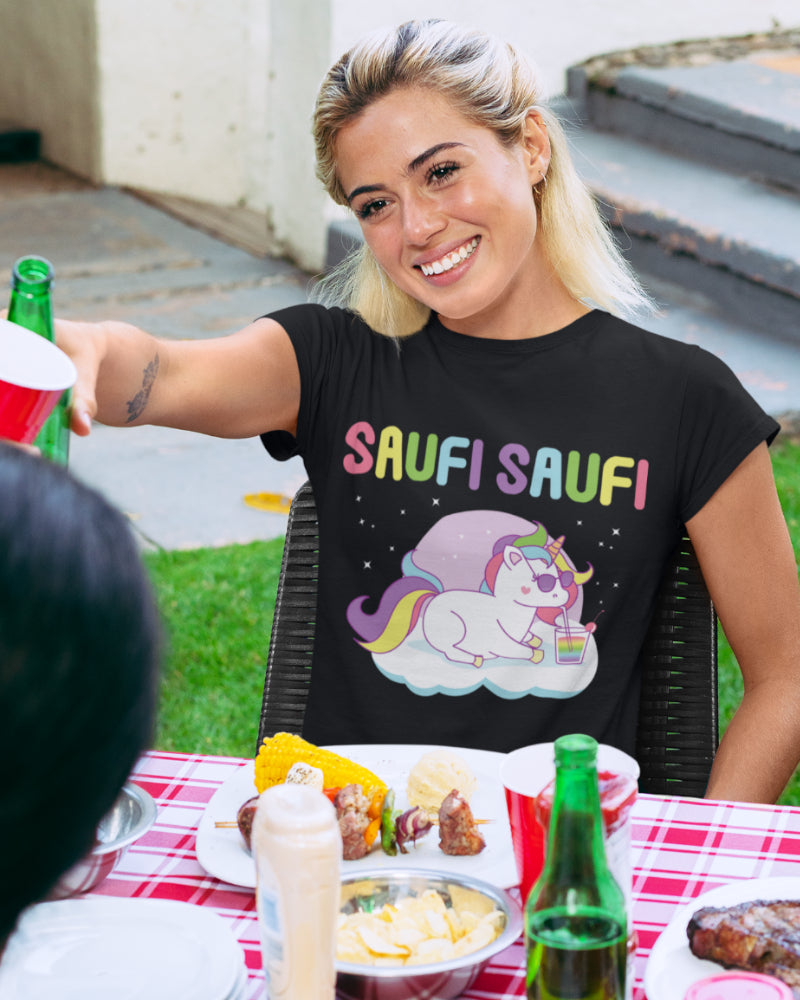 Saufi Saufi Einhorn Shirt Damen – Lustiges Partyshirt mit Regenbogen Drink