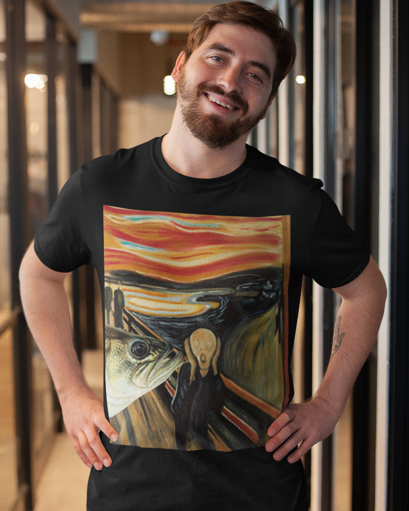 Der Schrei Parodie mit Fisch – Lustiges Angler Kunst Shirt für Männer