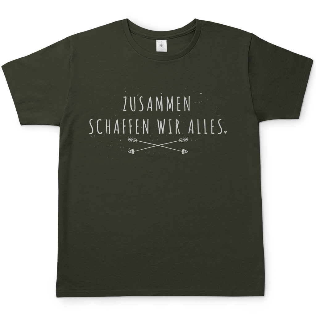 Zusammen schaffen wir alles Herren T-Shirt in Urban Khaki mit weißem Spruch-Design und gekreuzten Pfeilen, körperbetonte Passform, Rundhalsausschnitt