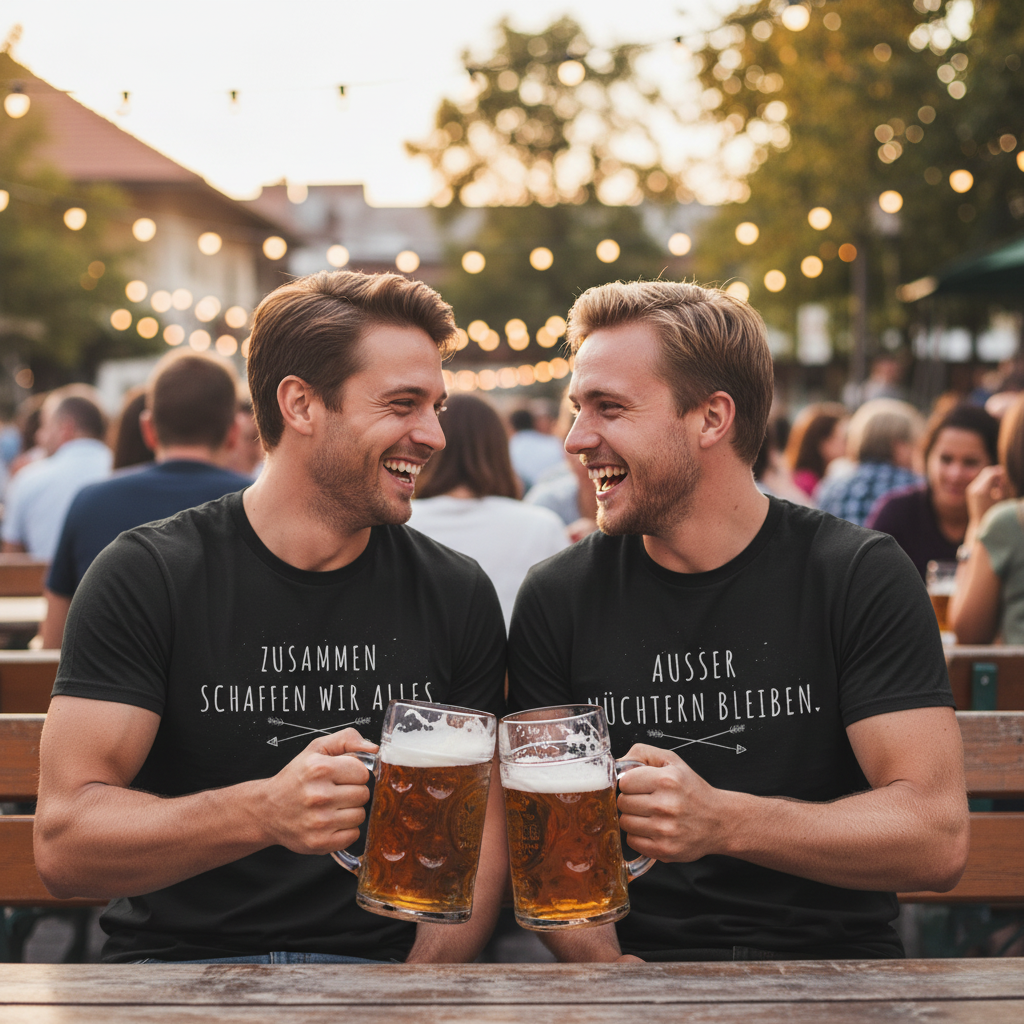 Zwei Männer im bayerischen Biergarten tragen schwarze Partnerlook T-Shirts mit "Zusammen schaffen wir alles" und "Außer nüchtern bleiben", stoßen lachend mit Bierkrügen an, warme Lichterketten-Atmosphäre