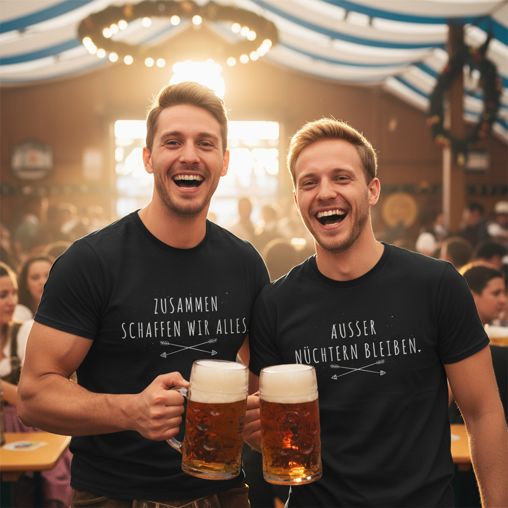 Zwei Männer in gemütlicher Kneipe tragen schwarze Partnerlook T-Shirts mit "Zusammen schaffen wir alles" und "Außer nüchtern bleiben", Arm in Arm an der Bar, authentische Pub-Stimmung