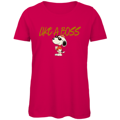 Peanuts Snoopy mit Bier Like a Boss - Damen Premium Bio T-Shirt Fuchsia
