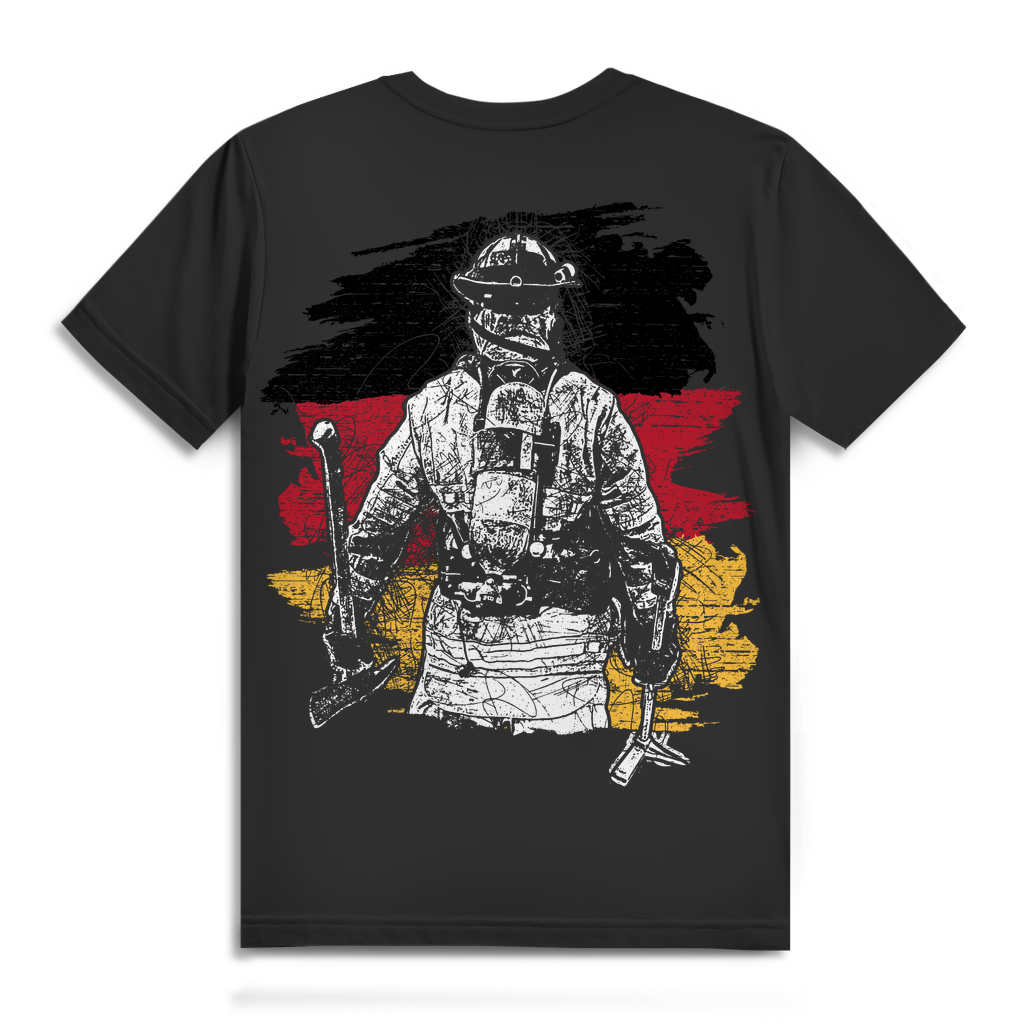 Feuerwehr T-Shirt Herren – Silhouette mit Deutschlandflagge und Ausrüstung Black