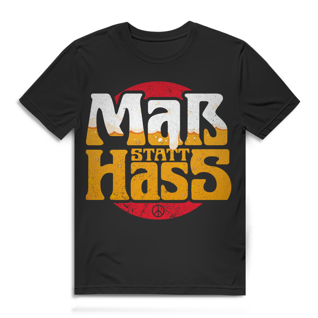 Friedliches Herren T-Shirt mit Spruch Maß Bier statt Hass und Peace Zeichen Black