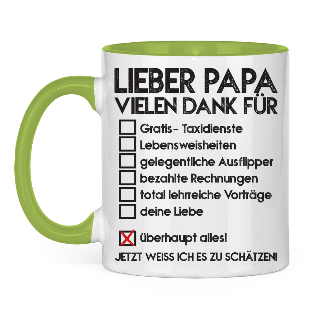 Lieber Papa vielen dank für überhaupt alles! - Tasse zweifarbig Light Green