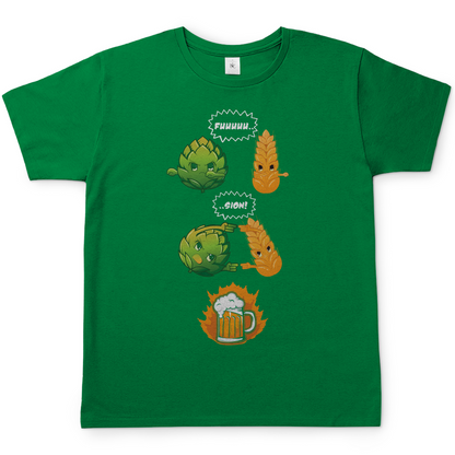 Grünes Kelly Green Shirt mit Bier Fusion Anime-Parodie Hopfen Weizen Bierglas, Frontansicht