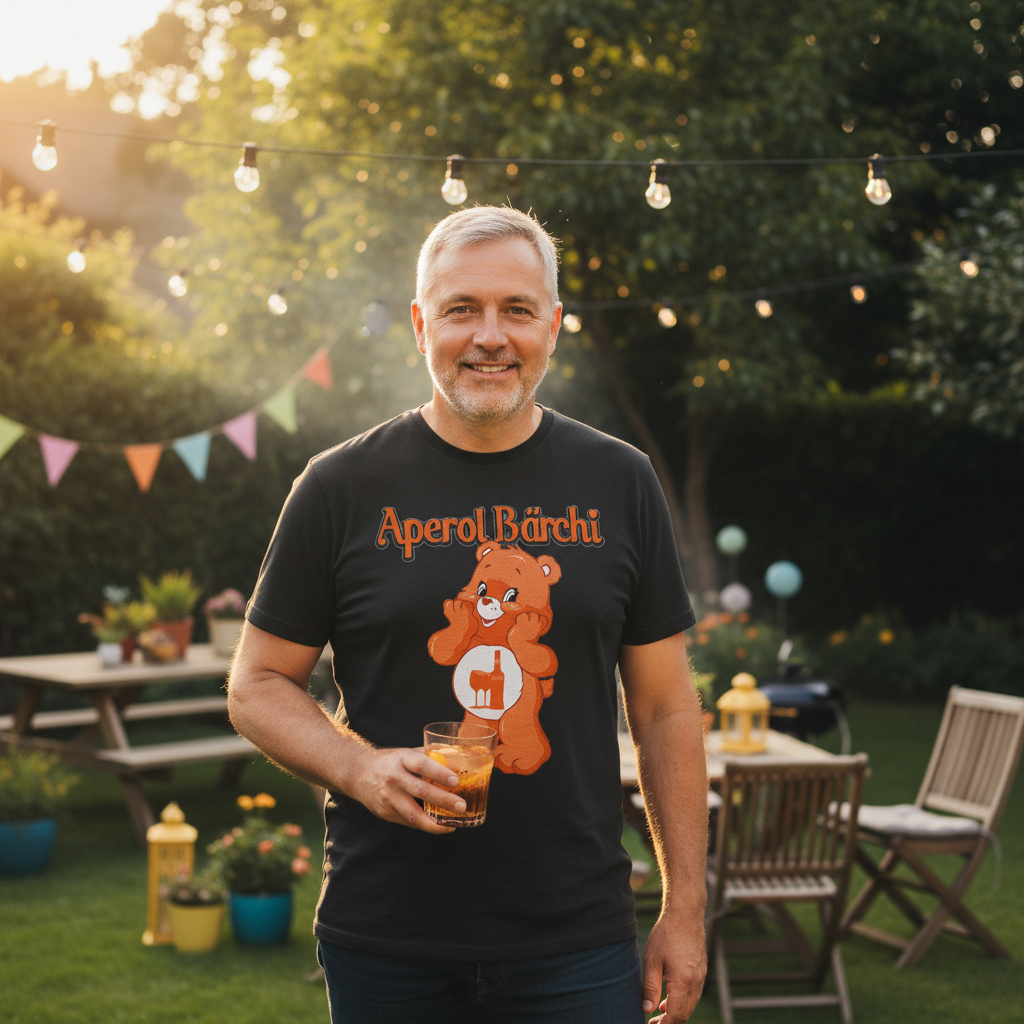 Sommerliche Gartenparty mit Aperol Bärchi Shirt unter Lichterketten bei warmem Abendlicht und BBQ-Stimmung