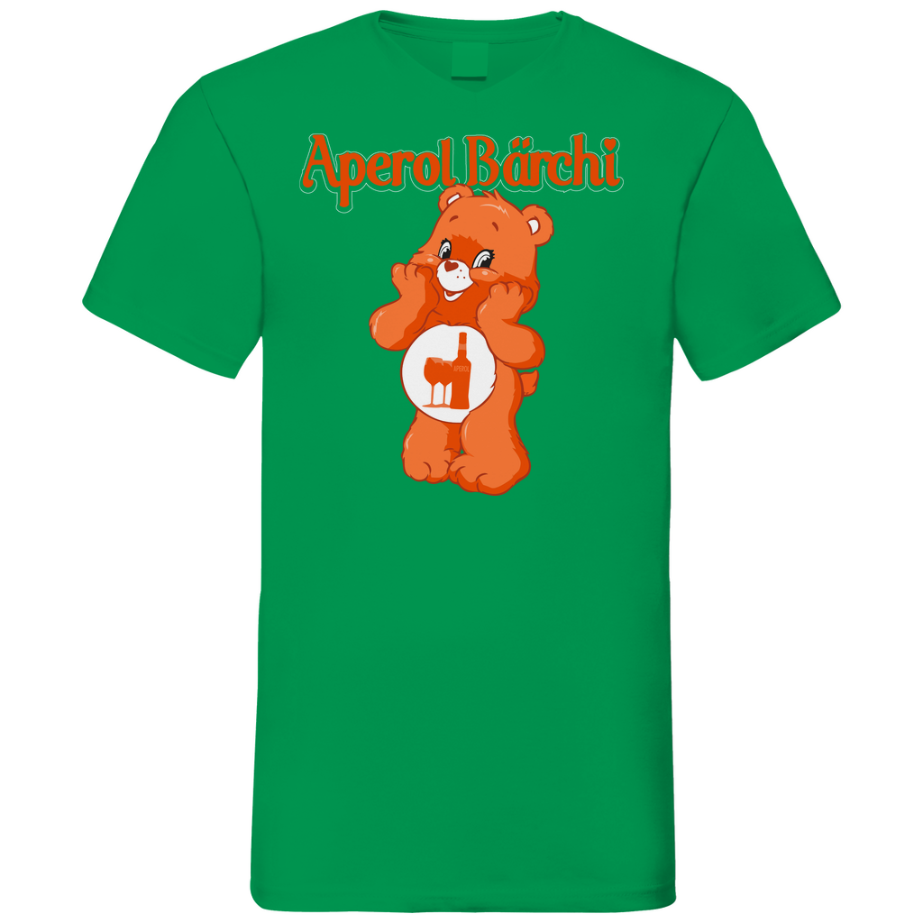 Kelly Green Herren V-Neck mit Aperol Bärchi Aufdruck und Aperol Flasche Motiv, Frontansicht