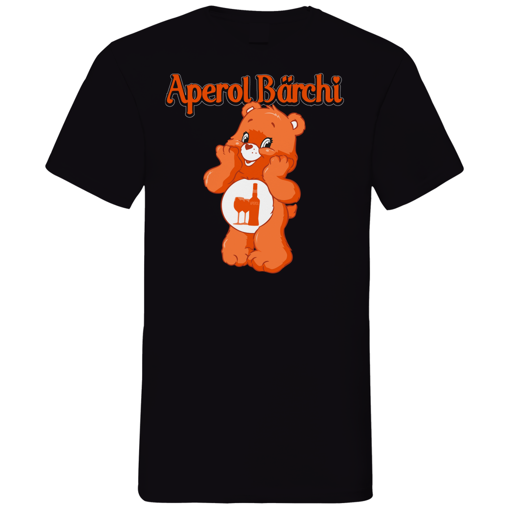 Schwarzes Herren V-Neck Shirt mit Aperol Bärchi Aufdruck und Glücksbärchi Parodie, Frontansicht