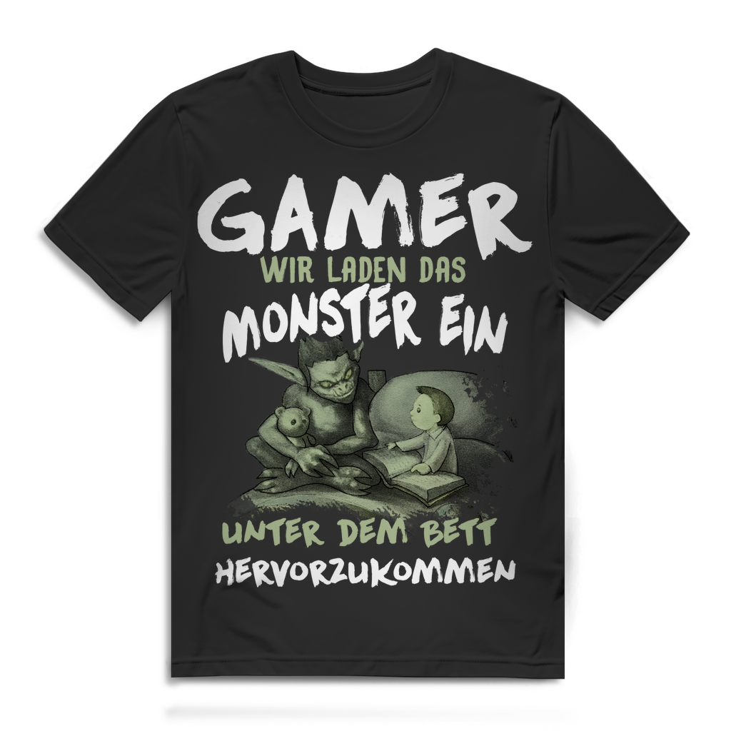 Herren T-Shirt Gamer laden Monster unterm Bett hervorzukommen Shirt Black