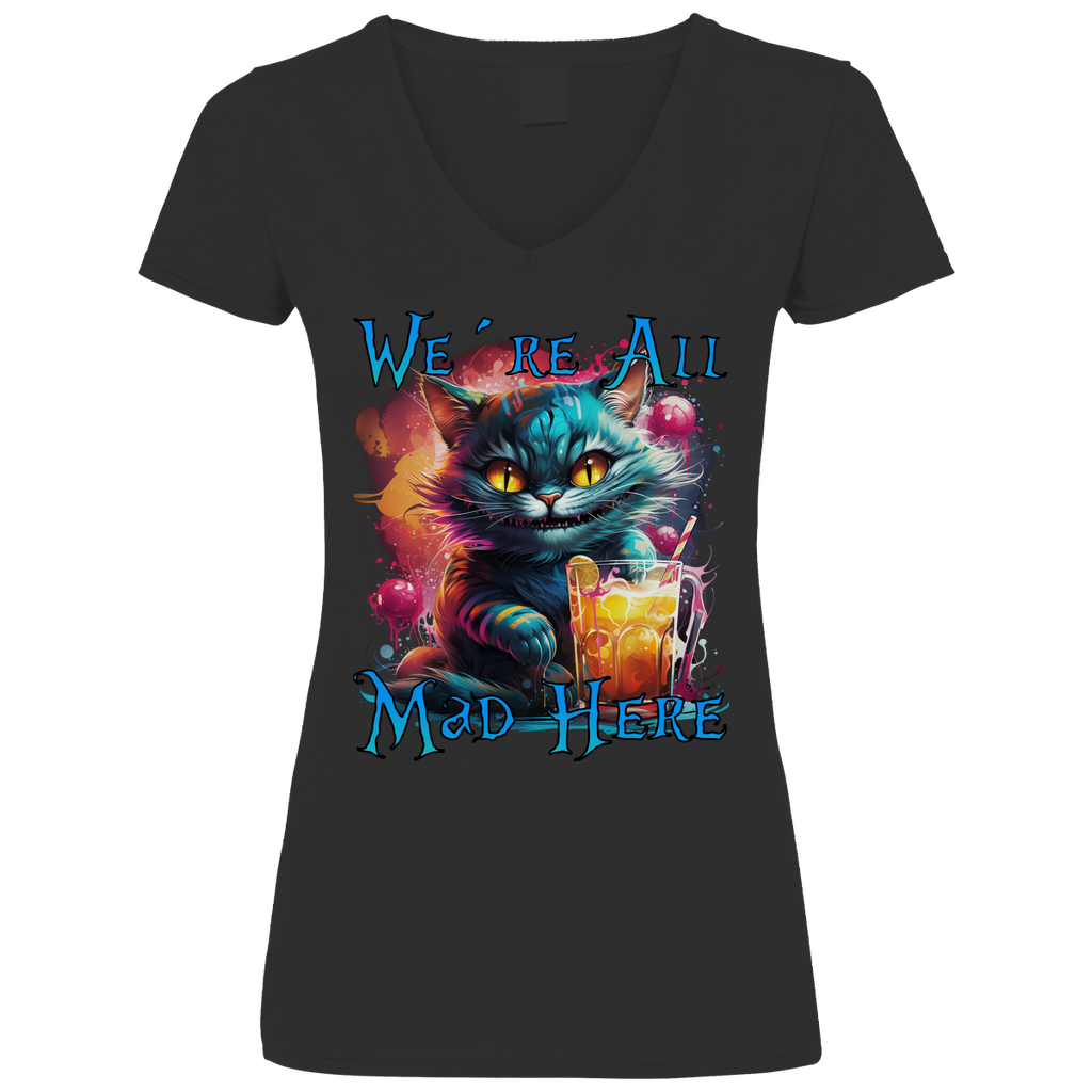 We´re All Mad Here Grinsekatze - V-Neck Damenshirt Black