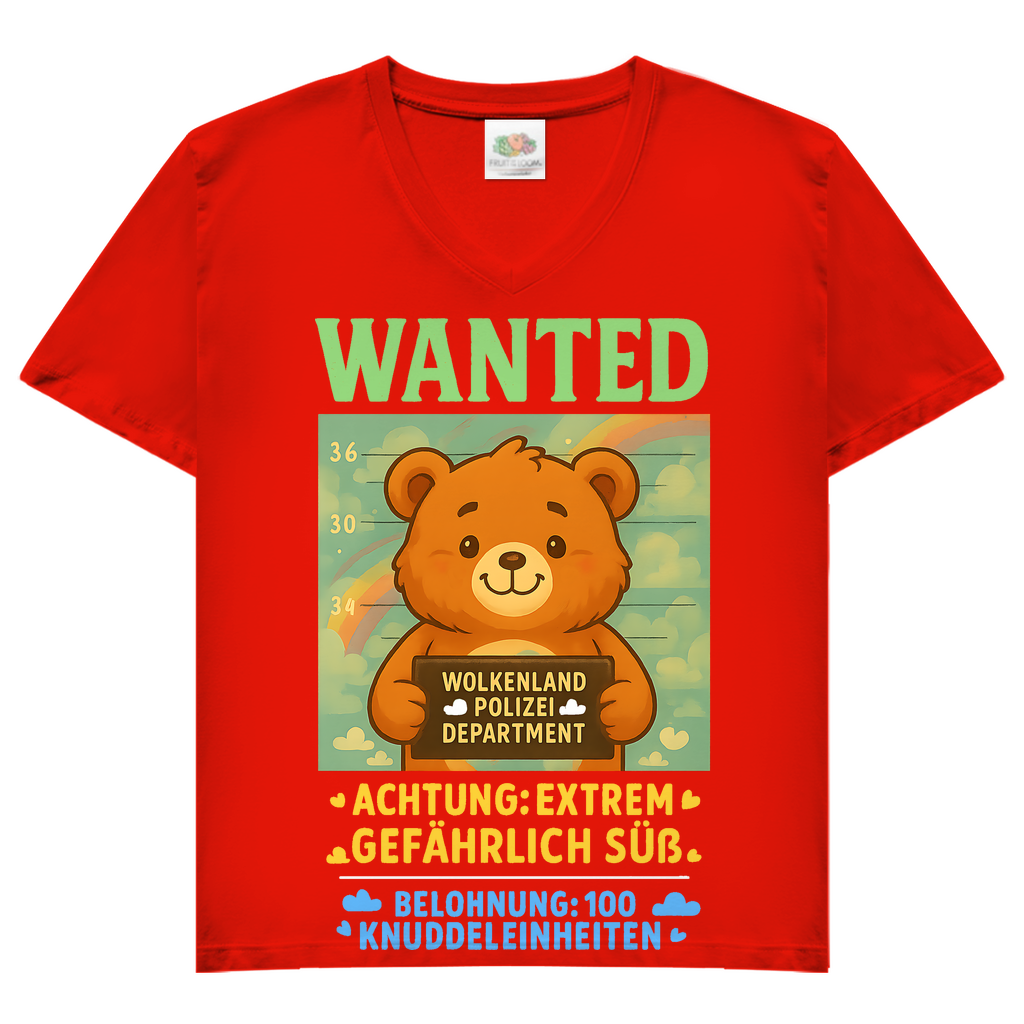 Damen V-Neck T-Shirt Wanted Glücksbärchi Wolkenland Extrem Gefährlich Süß Red