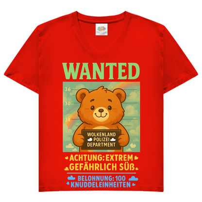 Damen V-Neck T-Shirt Wanted Glücksbärchi Wolkenland Extrem Gefährlich Süß Red