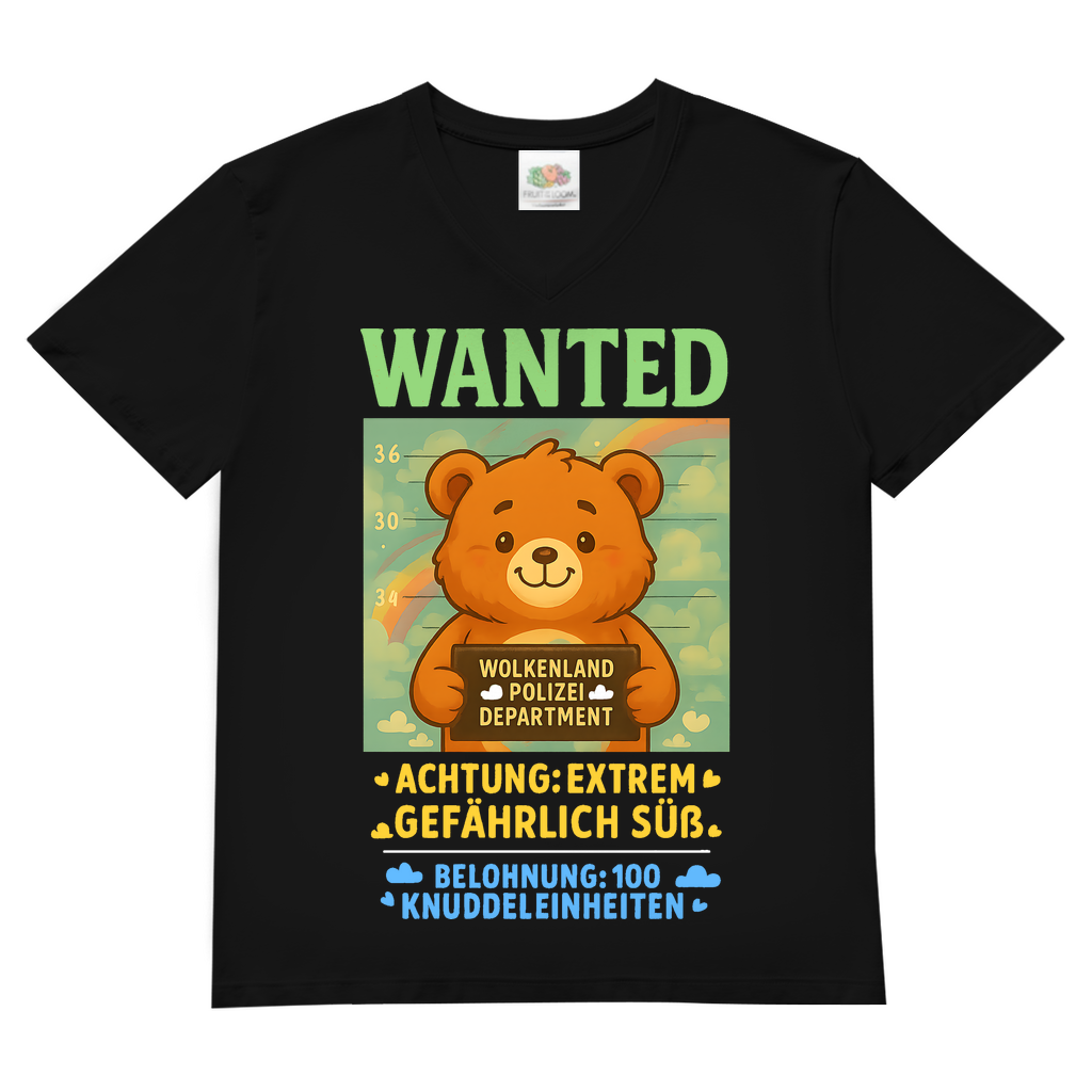 Herren V-Neck T-Shirt Wanted Glücksbärchi Wolkenland Extrem Gefährlich Süß Black