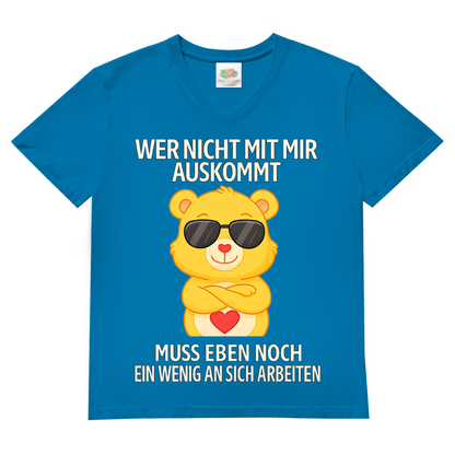 Herren V-Neck T-Shirt Wer nicht mit mir auskommt Glücksbärchi Bärchi Spruch Azure Blue