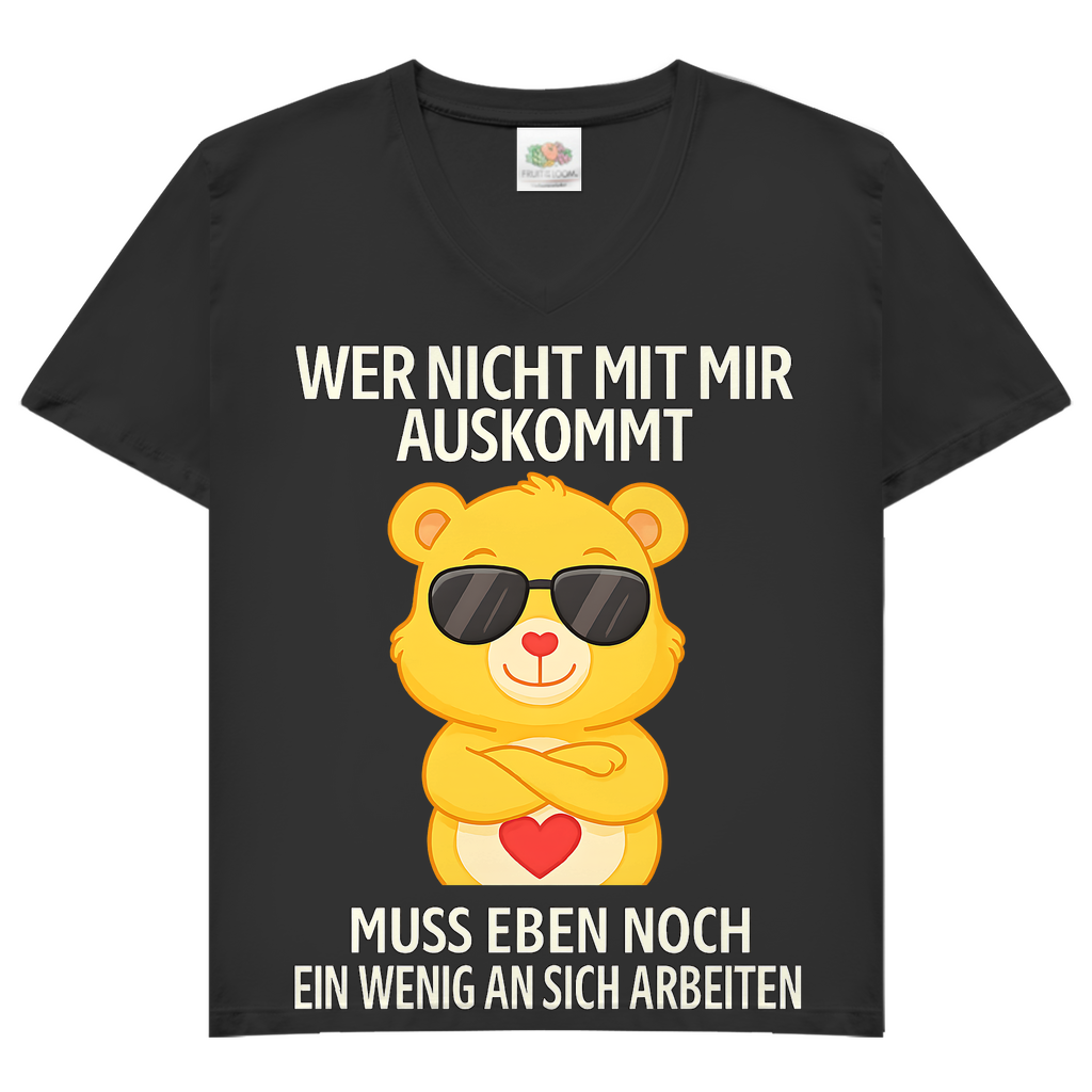 Damen V-Neck T-Shirt Muss an sich Arbeiten Glücksbärchi Black