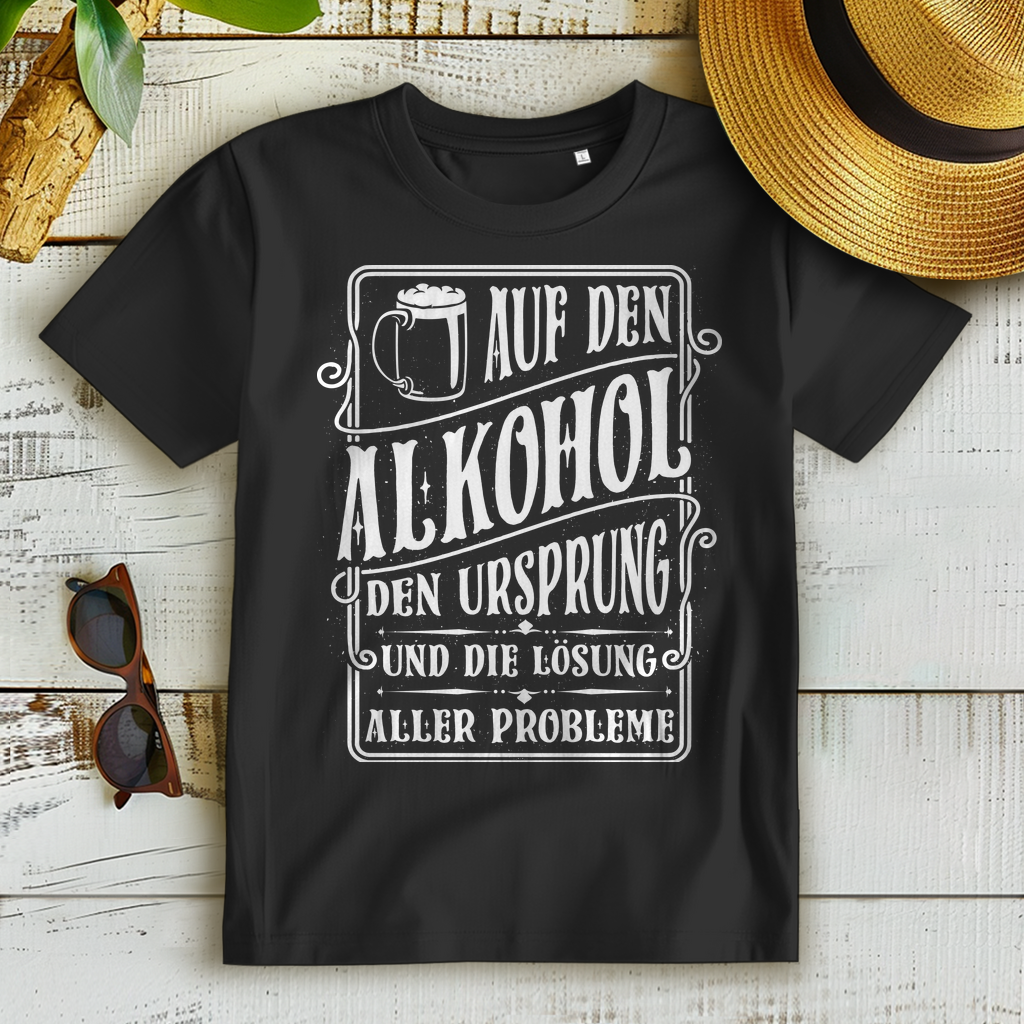 Auf den Alkohol – Frauen T-Shirt mit lustigem Trinkspruch &amp; Retro Design Black