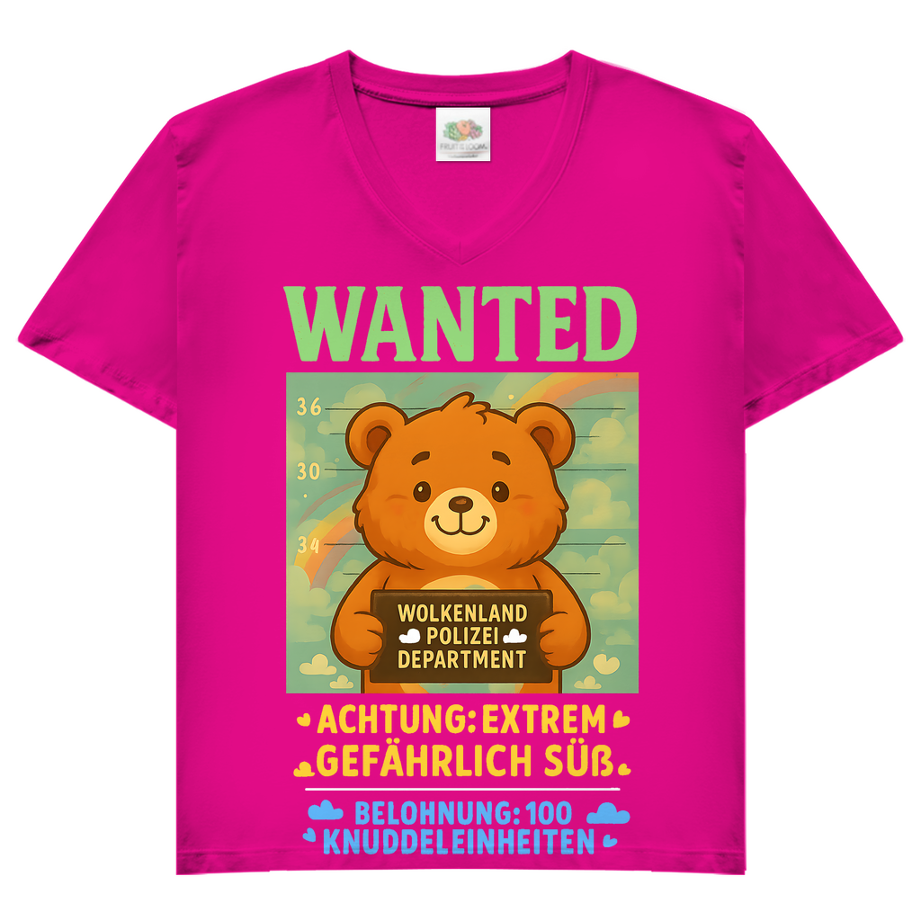 Damen V-Neck T-Shirt Wanted Glücksbärchi Wolkenland Extrem Gefährlich Süß Fuchsia