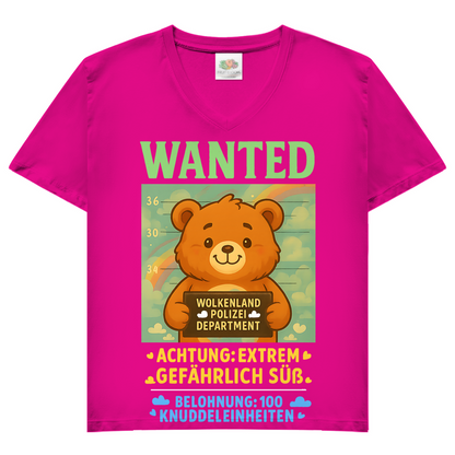 Damen V-Neck T-Shirt Wanted Glücksbärchi Wolkenland Extrem Gefährlich Süß Fuchsia