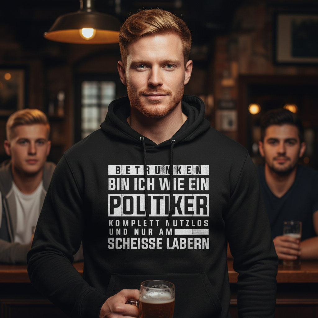 Ein Mann trägt den Betrunken wie ein Politiker Hoodie in der Kneipe und hält ein Bierglas