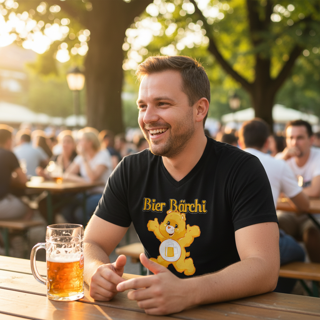 Glücksbärchi Bier Shirt im Biergarten getragen, warmes Abendlicht und traditionelle Atmosphäre