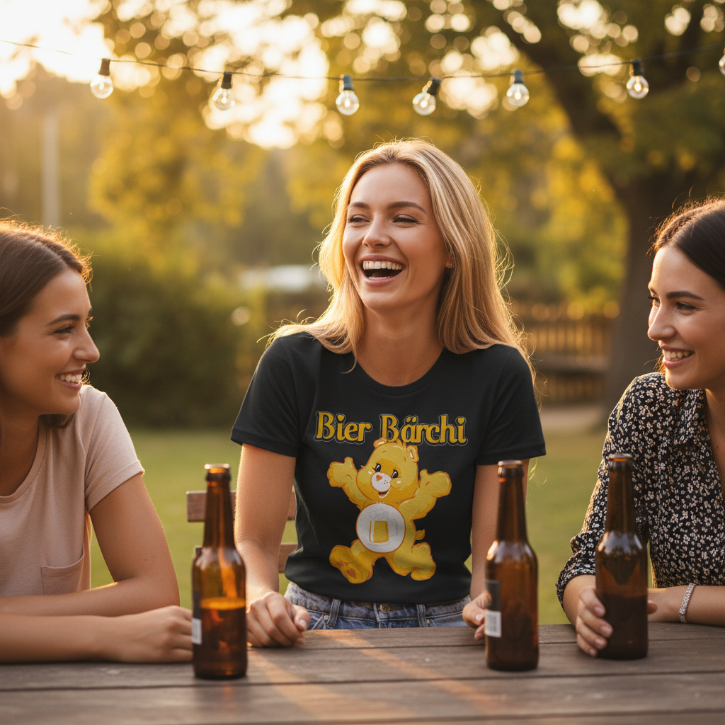 Blonde Frau bei Gartenparty mit Freundinnen trägt Bier Bärchi Damenshirt, Bierflaschen auf Tisch, Lichterketten im Hintergrund