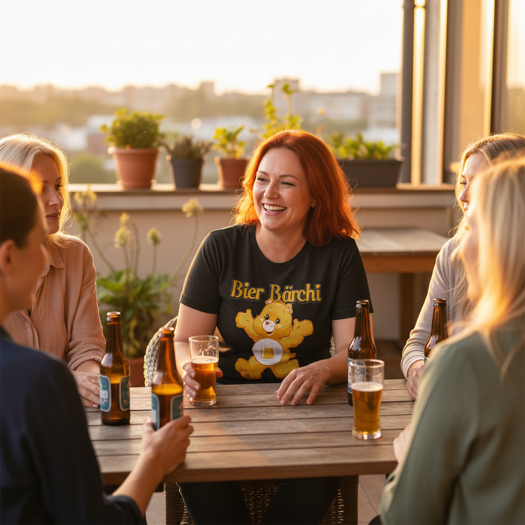 Rothaarige trägt Bier Bärchi Shirt bei Feierabend-Runde auf Terrasse, umgeben von Freundinnen mit Bierflaschen