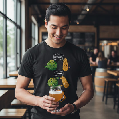 Ein Mann trägt das Bier Fusion Shirt bei einer Craft-Beer-Verkostung in der Brauerei