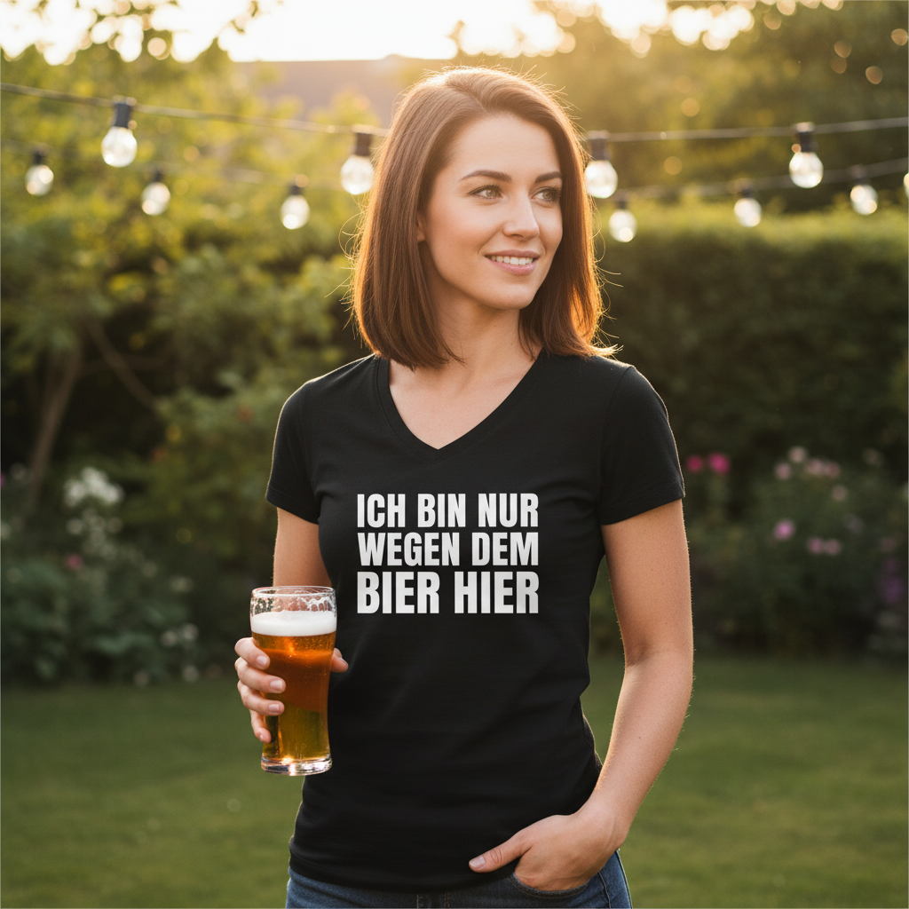 Ich bin nur wegen dem Bier hier - V-Neck Damenshirt